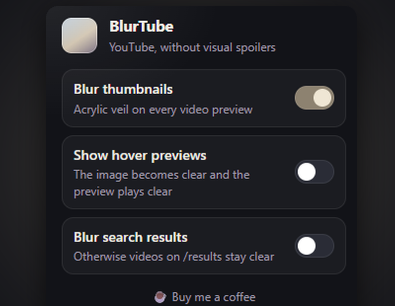 BlurTube popup with blur on, and hover previews and search blur off